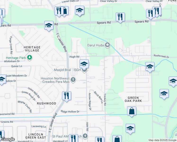map of restaurants, bars, coffee shops, grocery stores, and more near 11910 Adel Road in Houston