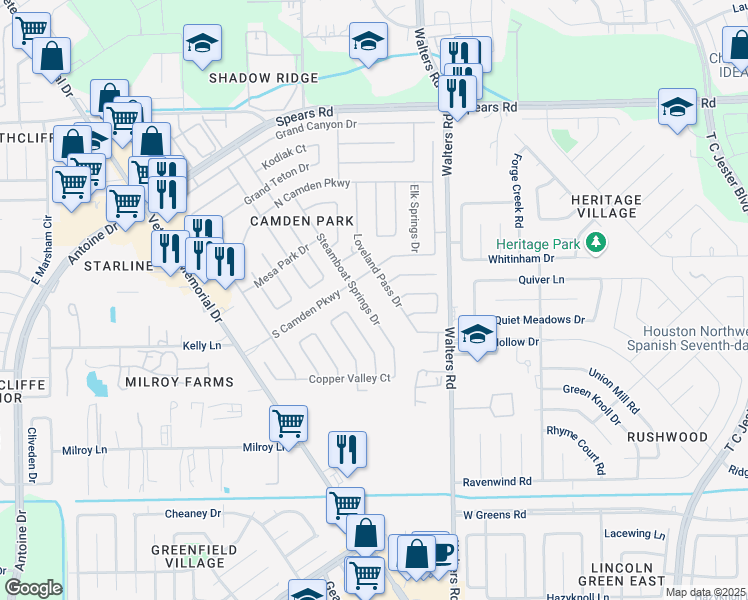 map of restaurants, bars, coffee shops, grocery stores, and more near 2702 Flintrock Circle in Houston