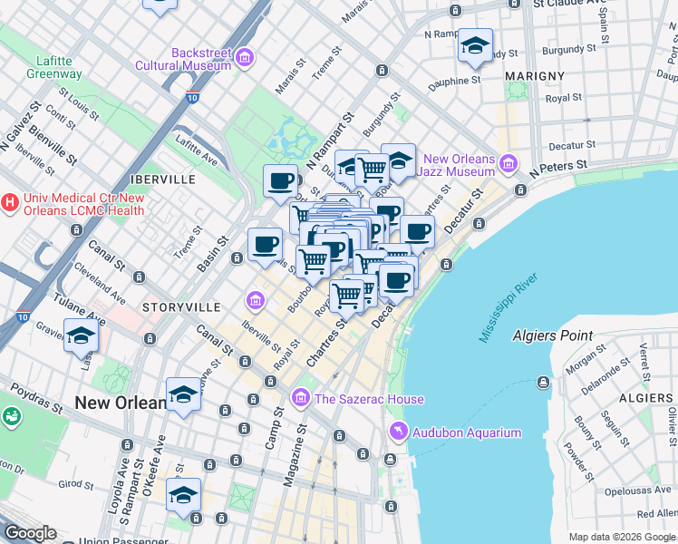 map of restaurants, bars, coffee shops, grocery stores, and more near 614 Bourbon Street in New Orleans