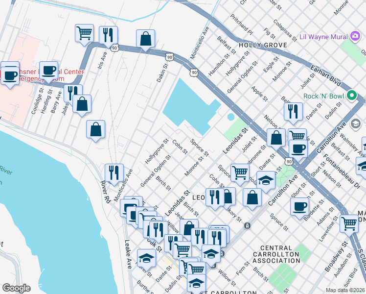 map of restaurants, bars, coffee shops, grocery stores, and more near 8829 Cohn Street in New Orleans