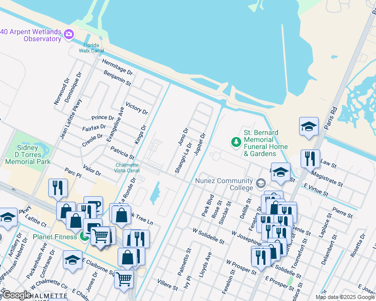 map of restaurants, bars, coffee shops, grocery stores, and more near 3810 Shangri-La Drive in Chalmette