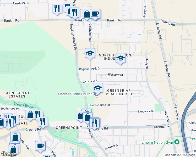 map of restaurants, bars, coffee shops, grocery stores, and more near 17919 Greenrich Drive in Houston