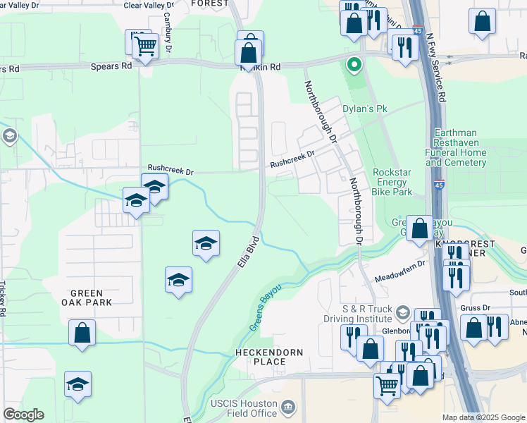 map of restaurants, bars, coffee shops, grocery stores, and more near Ella Boulevard in Houston