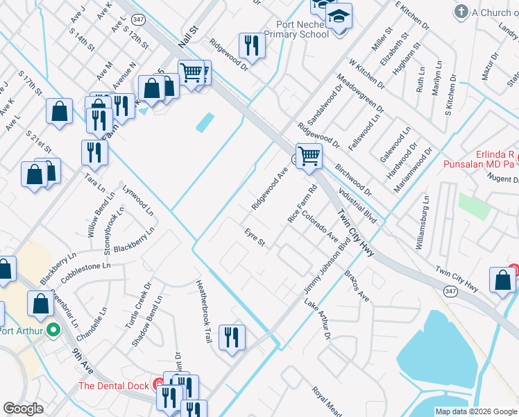 map of restaurants, bars, coffee shops, grocery stores, and more near 4608 Ridgewood Avenue in Port Arthur