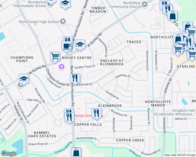 map of restaurants, bars, coffee shops, grocery stores, and more near 5114 Klein Orchard Dr in Houston
