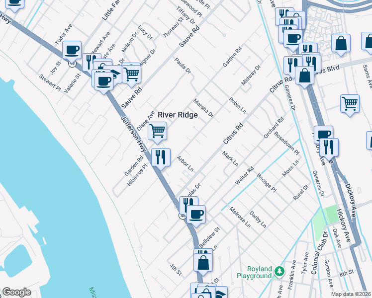 map of restaurants, bars, coffee shops, grocery stores, and more near 223 Midway Drive in River Ridge