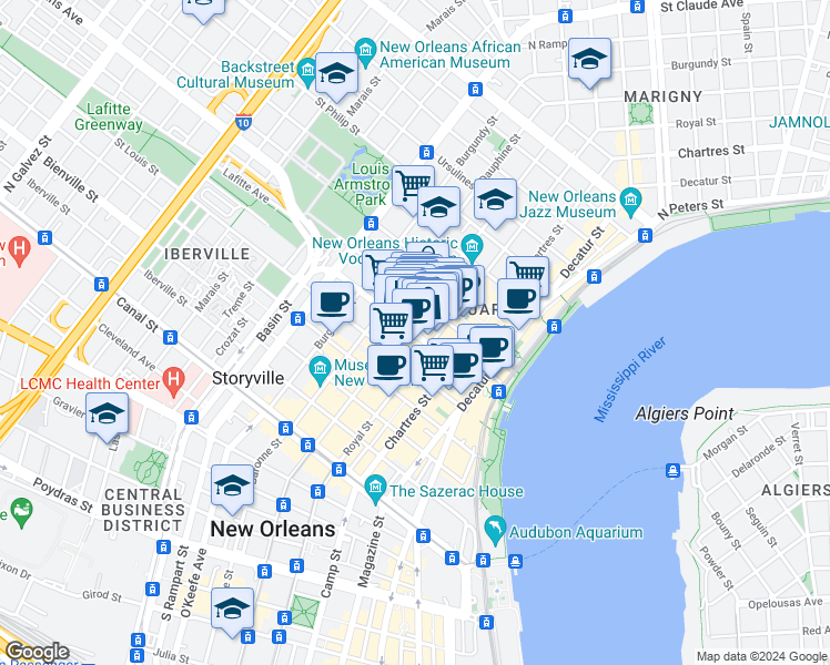map of restaurants, bars, coffee shops, grocery stores, and more near 727 Toulouse Street in New Orleans