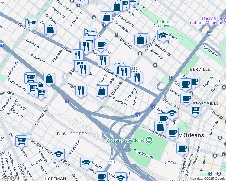 map of restaurants, bars, coffee shops, grocery stores, and more near 521 South Galvez Street in New Orleans
