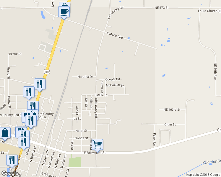 map of restaurants, bars, coffee shops, grocery stores, and more near 1400 McCollum Street in Starke