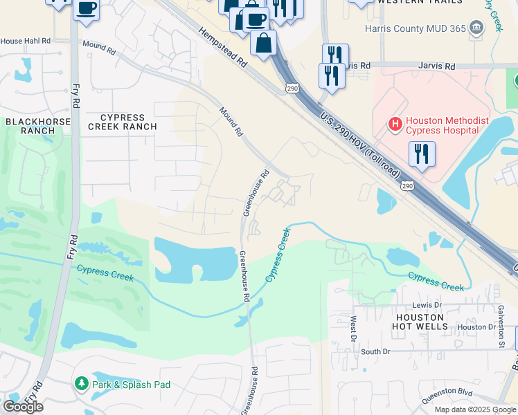 map of restaurants, bars, coffee shops, grocery stores, and more near 12535 West Drive in Cypress