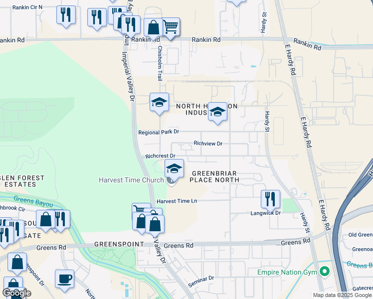 map of restaurants, bars, coffee shops, grocery stores, and more near 717 Richcrest Drive in Houston