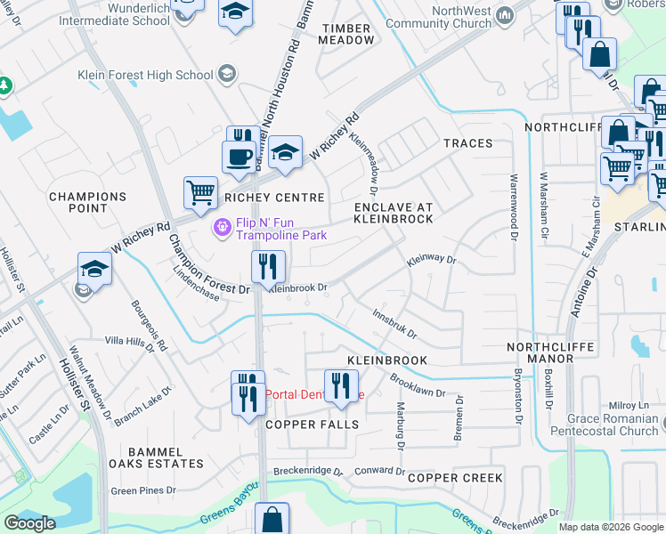 map of restaurants, bars, coffee shops, grocery stores, and more near 5114 Klein Orchard Dr in Houston