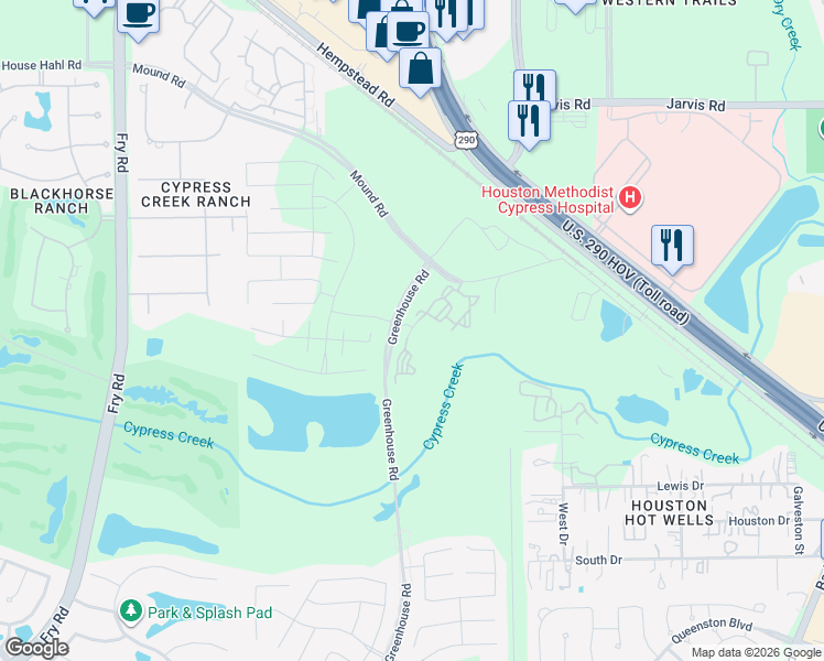 map of restaurants, bars, coffee shops, grocery stores, and more near 12535 West Drive in Cypress