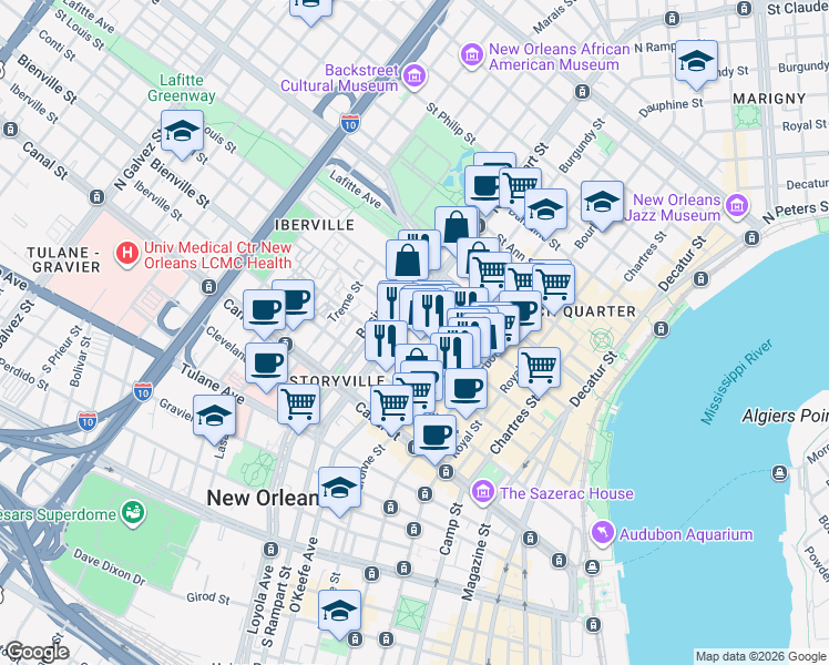 map of restaurants, bars, coffee shops, grocery stores, and more near 340 North Rampart Street in New Orleans