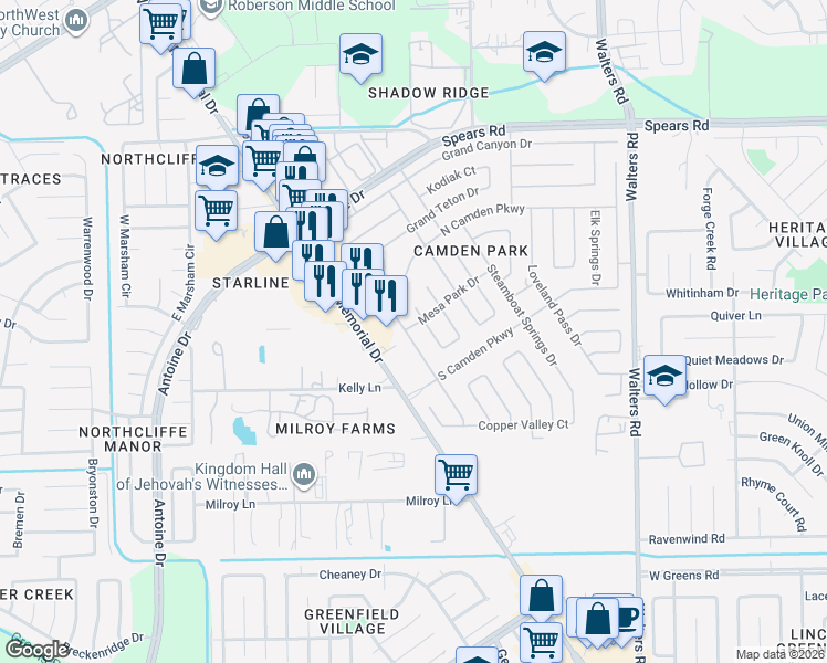 map of restaurants, bars, coffee shops, grocery stores, and more near 11950 Guadalupe River Drive in Houston