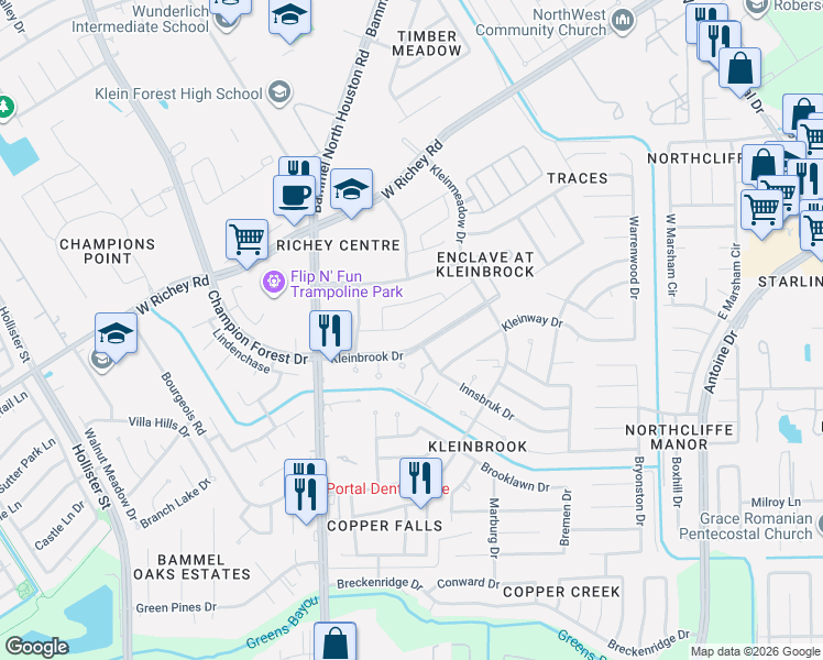 map of restaurants, bars, coffee shops, grocery stores, and more near 5114 Klein Orchard Dr in Houston
