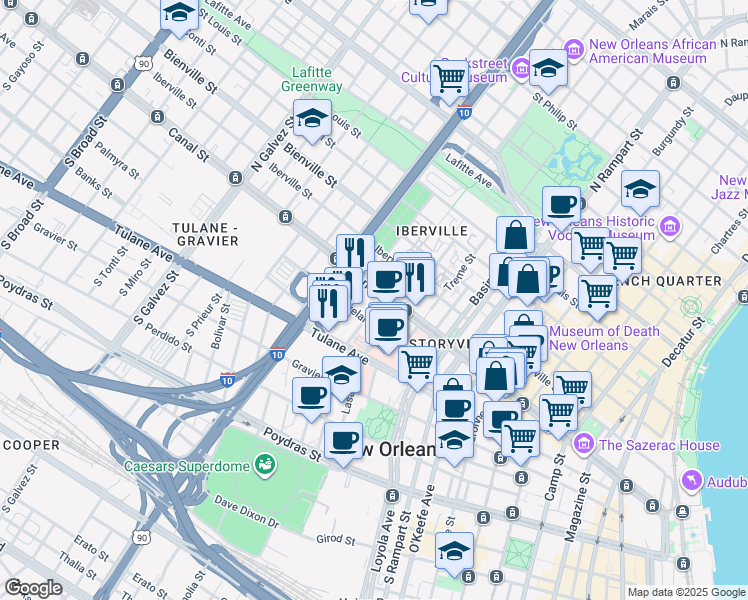map of restaurants, bars, coffee shops, grocery stores, and more near 1576 Canal Street in New Orleans