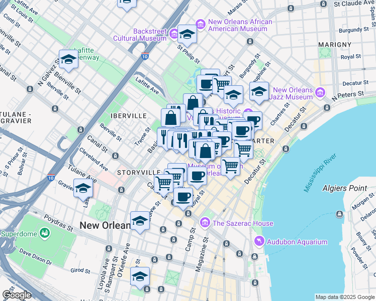 map of restaurants, bars, coffee shops, grocery stores, and more near 430 Burgundy Street in New Orleans