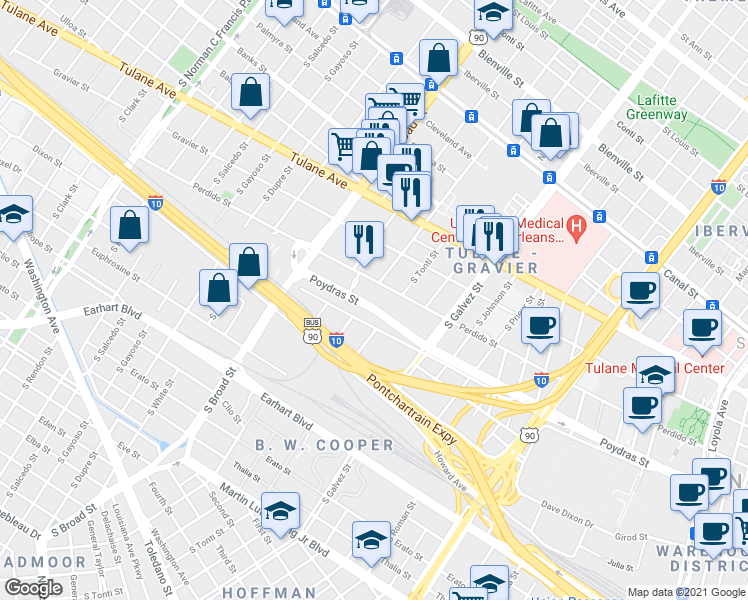 map of restaurants, bars, coffee shops, grocery stores, and more near 2239 Poydras Street in New Orleans