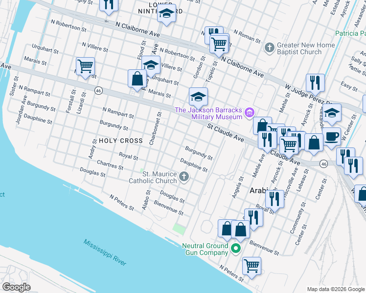 map of restaurants, bars, coffee shops, grocery stores, and more near 6103 Burgundy Street in New Orleans