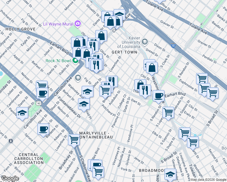 map of restaurants, bars, coffee shops, grocery stores, and more near 3110 Broadway Street in New Orleans