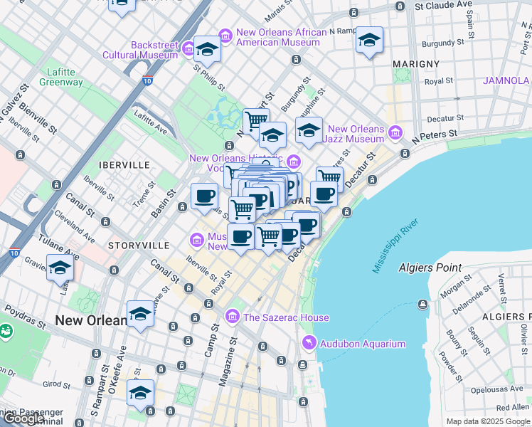 map of restaurants, bars, coffee shops, grocery stores, and more near 613 Royal Street in New Orleans
