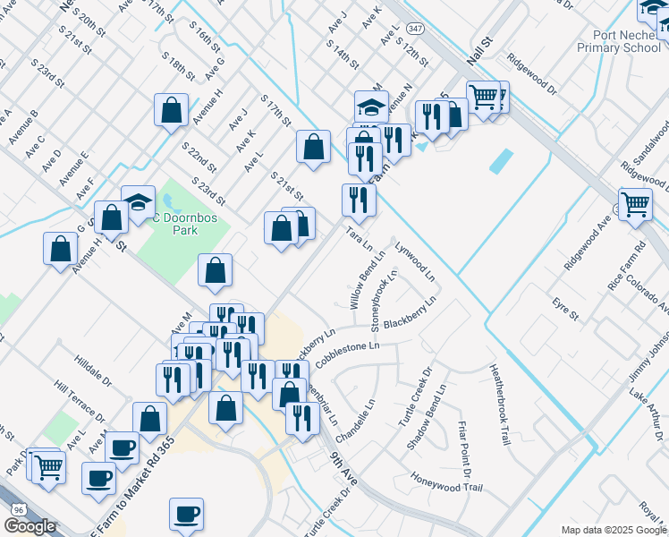 map of restaurants, bars, coffee shops, grocery stores, and more near 4020 Farm to Market Road 365 in Port Arthur