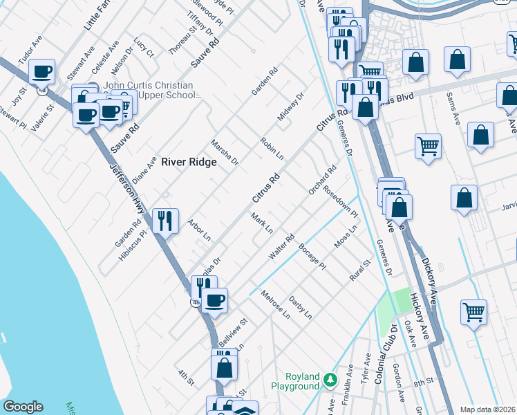 map of restaurants, bars, coffee shops, grocery stores, and more near 263 Citrus Road in River Ridge