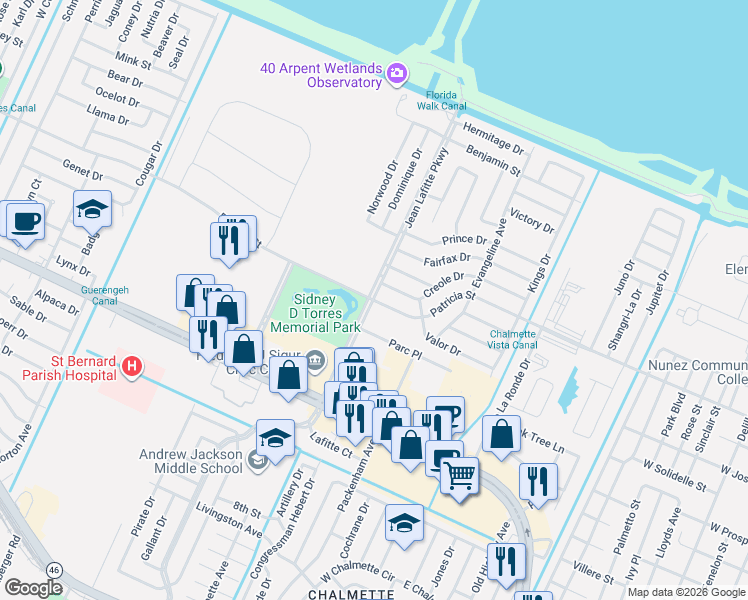 map of restaurants, bars, coffee shops, grocery stores, and more near 8312 Creole Drive in Chalmette
