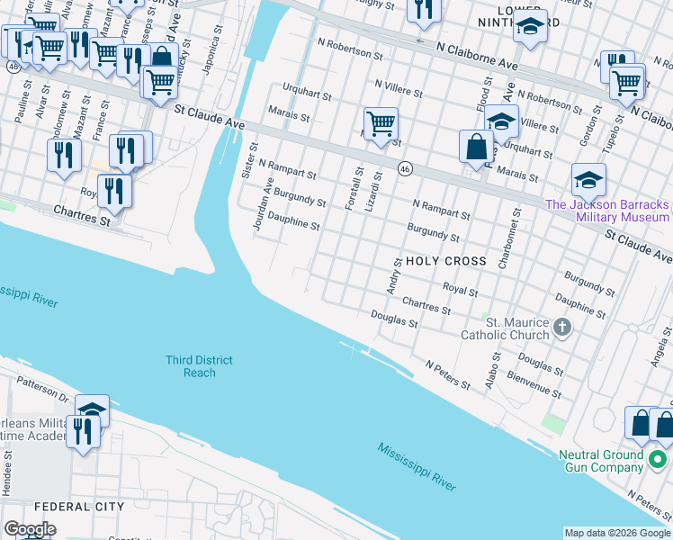 map of restaurants, bars, coffee shops, grocery stores, and more near 5110 Royal Street in New Orleans