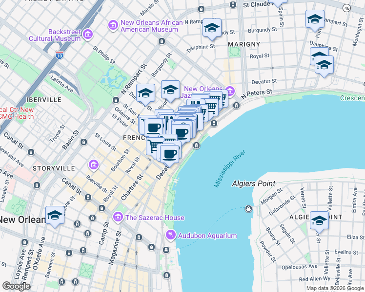 map of restaurants, bars, coffee shops, grocery stores, and more near 820 Decatur Street in New Orleans