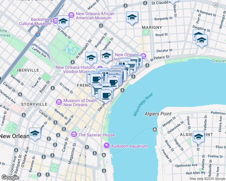 map of restaurants, bars, coffee shops, grocery stores, and more near 820 Decatur Street in New Orleans