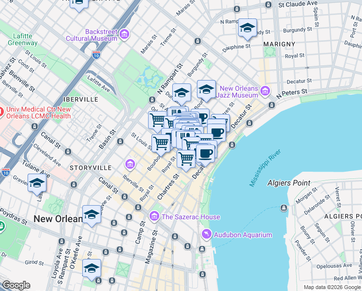 map of restaurants, bars, coffee shops, grocery stores, and more near in New Orleans