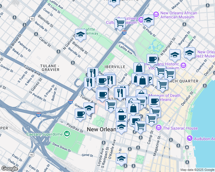 map of restaurants, bars, coffee shops, grocery stores, and more near 125 Marais Street in New Orleans