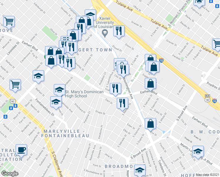 map of restaurants, bars, coffee shops, grocery stores, and more near 1316 South Genois Street in New Orleans