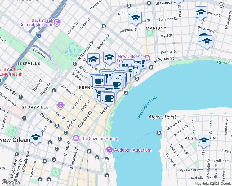 map of restaurants, bars, coffee shops, grocery stores, and more near 820 Decatur Street in New Orleans