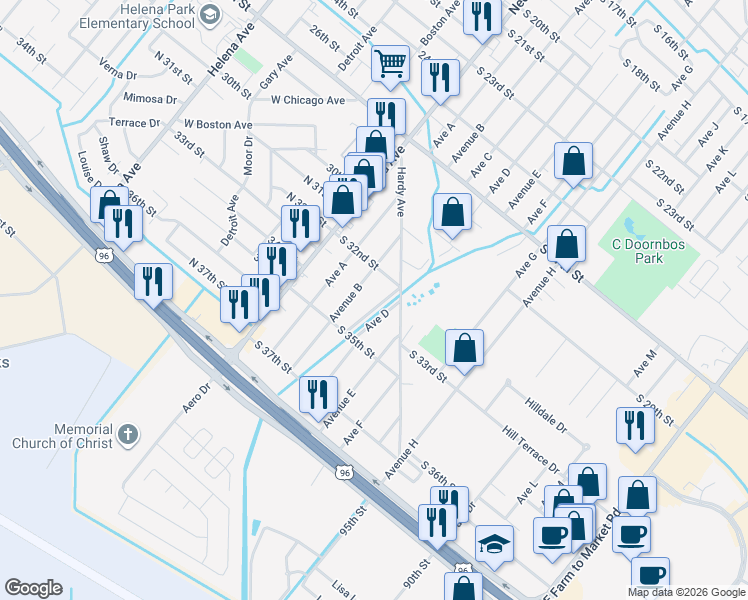map of restaurants, bars, coffee shops, grocery stores, and more near 3216 Avenue C in Nederland