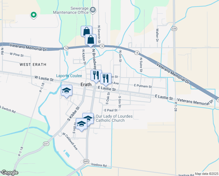 map of restaurants, bars, coffee shops, grocery stores, and more near 101-199 N Patrick O Toole St in Erath