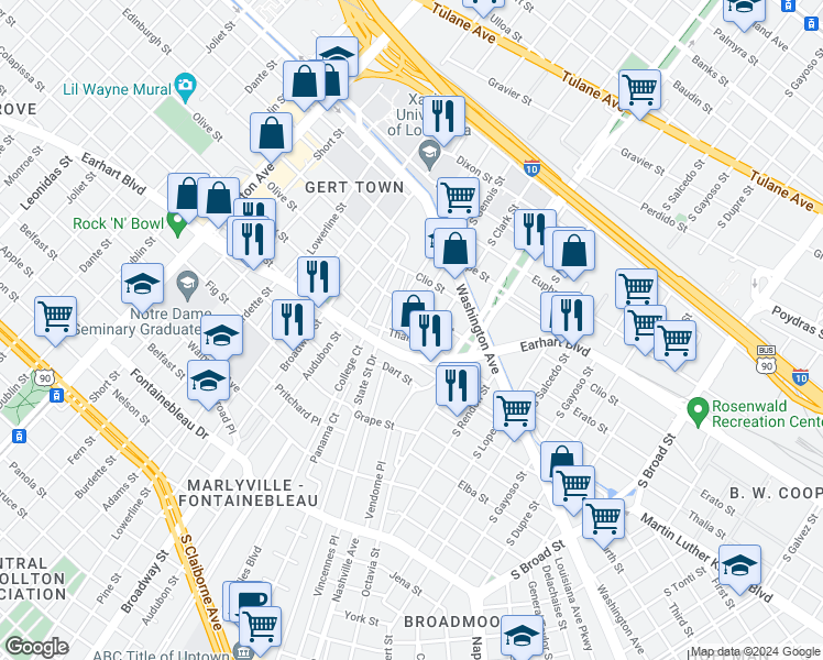 map of restaurants, bars, coffee shops, grocery stores, and more near 1335 South Genois Street in New Orleans