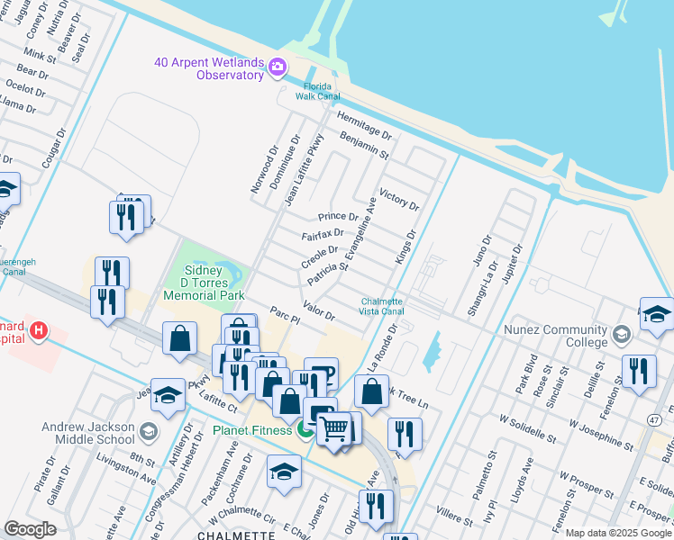 map of restaurants, bars, coffee shops, grocery stores, and more near 8436 Patricia Street in Chalmette