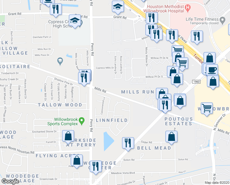 map of restaurants, bars, coffee shops, grocery stores, and more near 9422 Mills Road in Houston