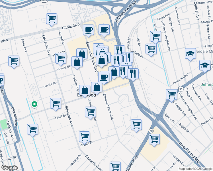 map of restaurants, bars, coffee shops, grocery stores, and more near 5359 Mounes Street in New Orleans