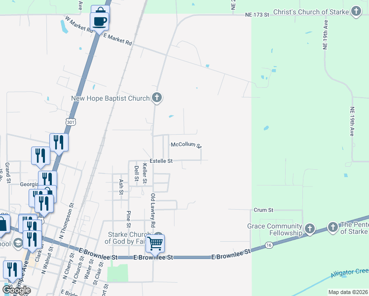 map of restaurants, bars, coffee shops, grocery stores, and more near 1400 McCollum Street in Starke