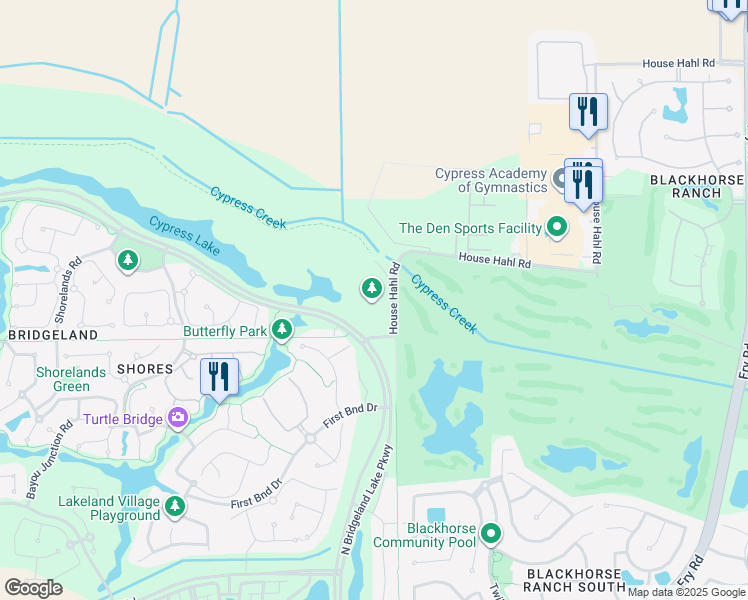 map of restaurants, bars, coffee shops, grocery stores, and more near 16902 North Bridgeland Lake Parkway in Cypress