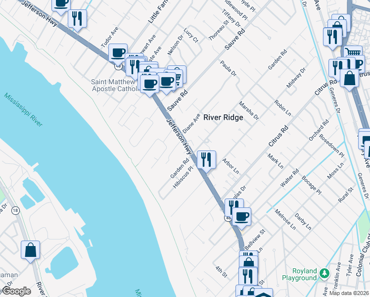 map of restaurants, bars, coffee shops, grocery stores, and more near 9807 Jefferson Highway in River Ridge