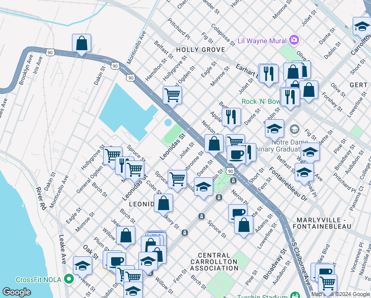 map of restaurants, bars, coffee shops, grocery stores, and more near 2236 Joliet Street in New Orleans