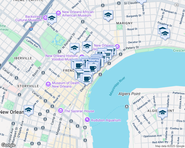 map of restaurants, bars, coffee shops, grocery stores, and more near 820 Decatur Street in New Orleans