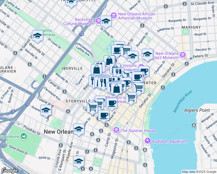 map of restaurants, bars, coffee shops, grocery stores, and more near 430 Burgundy Street in New Orleans