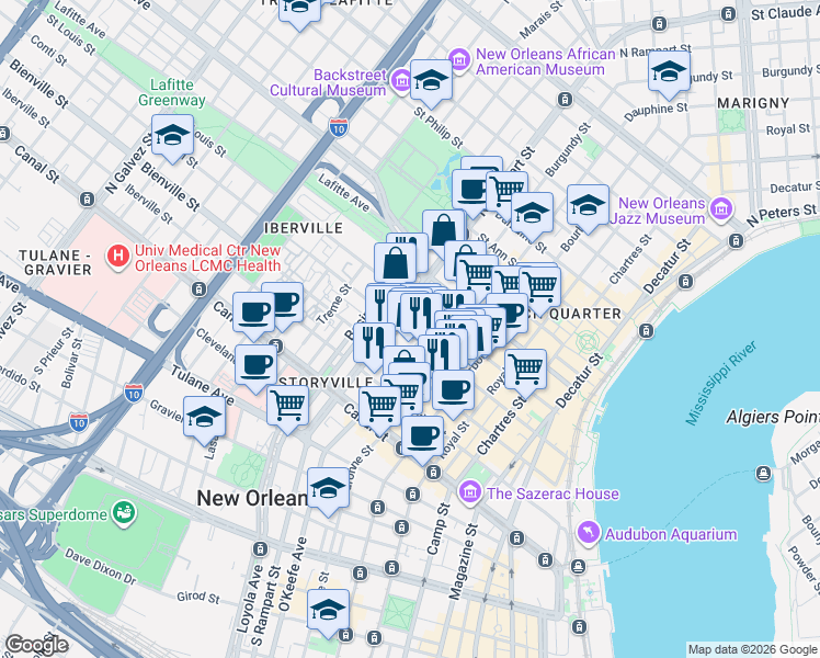 map of restaurants, bars, coffee shops, grocery stores, and more near 340 North Rampart Street in New Orleans