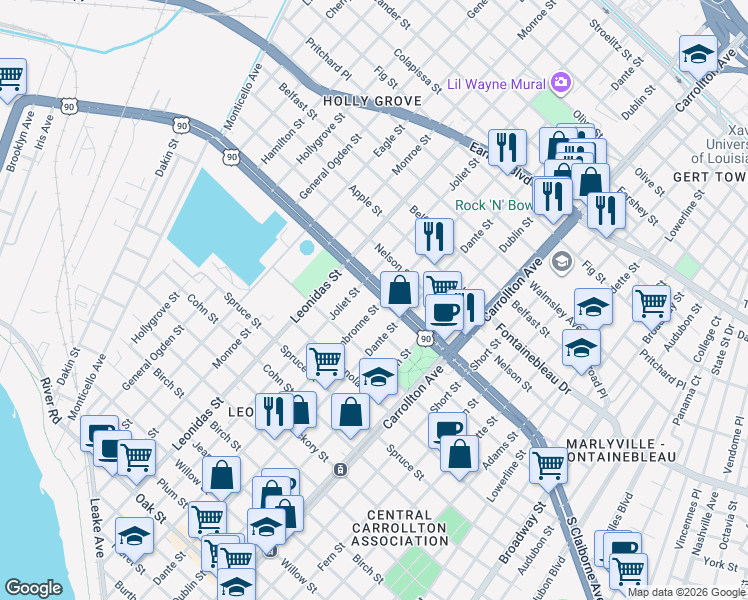 map of restaurants, bars, coffee shops, grocery stores, and more near in New Orleans